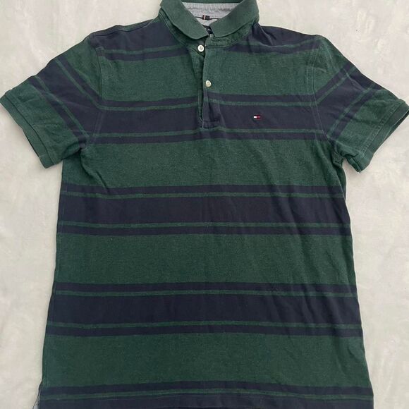 Tommy Hilfiger Polo Shirt Men's M Stripes Corporate Preppy Workwear Corpcore Nav - Picture 1 of 4
